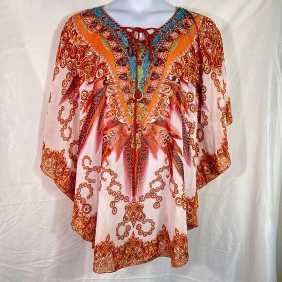 White Mark Sheer Colorful Tribal Print Lace up Swim Cover-up Kaftan One Size - Picture 2 of 8